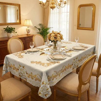 🎉 2026 Sale — Over 58,000 Sold!🌹Luxury Gold Rose Embossed Waterproof Tablecloth｜Stain Resistant Elegant Home Textile ✨