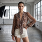 🎉 2026 Sale — Over 29,400 Sold ⏰ Women Leopard V-Neck Tie Front Top – Ruffle Cuff Casual Blouse 🐆