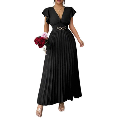 🎉 2026 Sale — Over 35,000 Sold 💃 Women Flowy Pleated V-Neck Maxi Dress – Ruffle Sleeve Metal Waist Gown 🌸
