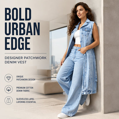 🎉 2026 Sale — Over 31,500 Sold 🧥 Women Sleeveless High Slit Denim Vest Dress – Patchwork Longline Jean Waistcoat ✨