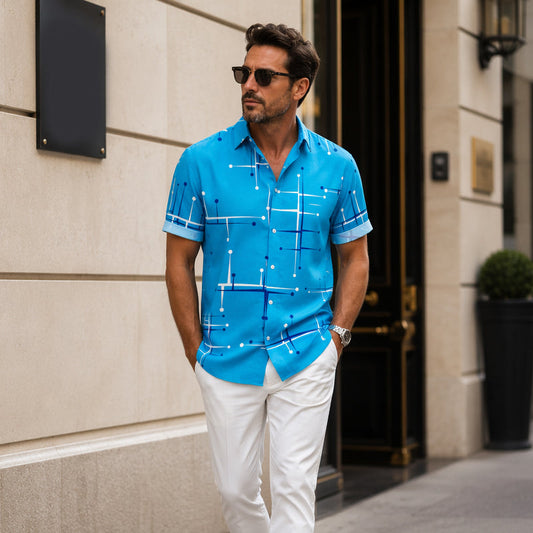 🎉 2026 Sale — Over 31,500 Sold 🌴 Men Geometric Print Relaxed Button Down Shirt – Vacation Casual Top 👔