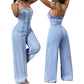 🎉 2026 Sale — Over 22,400 Sold!💞 Women Spaghetti Strap Wide Leg Denim Jumpsuit – Stretchy 🥳