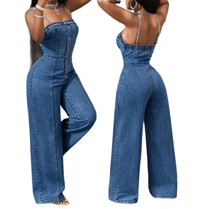 🎉 2026 Sale — Over 22,400 Sold!💞 Women Spaghetti Strap Wide Leg Denim Jumpsuit – Stretchy 🥳